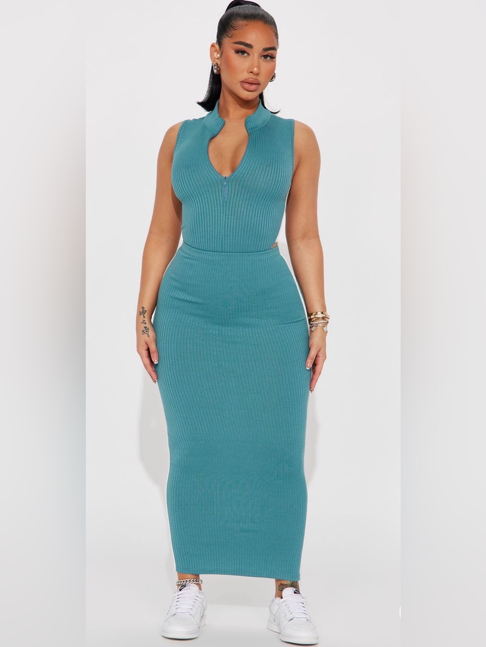 Teal Ribbed Sleeveless Knit Dress (2 pcs set)